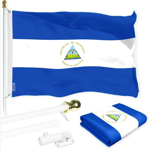 G128 Combo Pack: 6 Ft Tangle Free Aluminum Spinning Flagpole (White) & Nicaragua Nicaraguan Flag 3x5 Ft, LiteWeave Pro Series Printed 150D Polyester | Pole with Flag Included