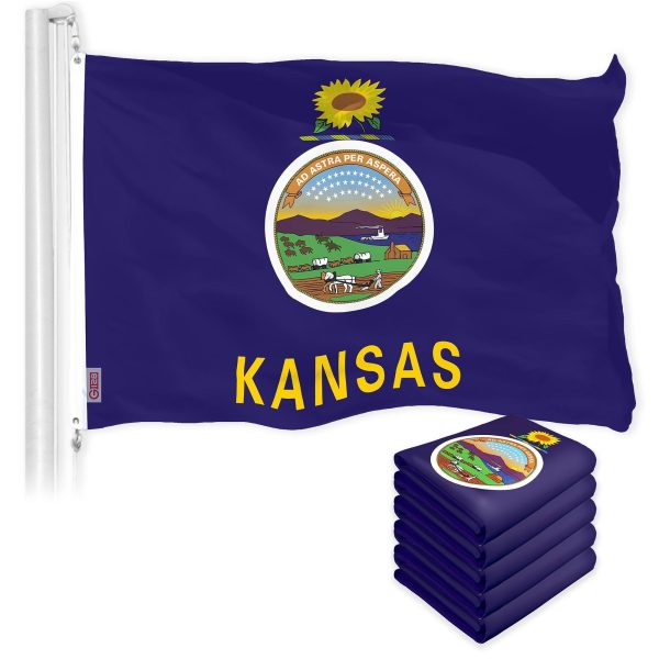 G128 5 Pack: Kansas KS State Flag | 3x5 Ft | LiteWeave Pro Series Printed 150D Polyester | Indoor/Outdoor, Vibrant Colors, Brass Grommets, Thicker and More Durable Than 100D 75D Polyester