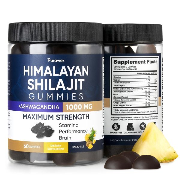 Shilajit Gummies 1000mg, Shilajit Gummies for Men and Women, Energy, Immunity Support, Pure Himalayan Shilajit Gummies with Ashwagandha, Sugar Free, Vegan, Pineapple Flavor, 30 Day Supply, 60 Gummies