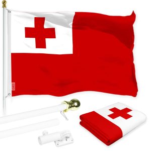 G128 Combo Pack: 6 Ft Tangle Free Aluminum Spinning Flagpole (White) & Tonga Tongan Flag 3x5 Ft, LiteWeave Pro Series Printed 150D Polyester | Pole with Flag Included