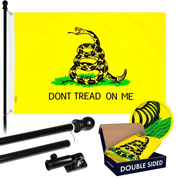 G128 - 6 Feet Tangle Free Spinning Flagpole (Black) Gadsden Double Sided Brass Grommets Embroidered 3x5 ft (Flag Included) Aluminum Flag Pole