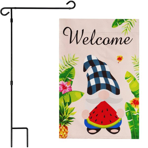 G128 Combo Pack: Garden Flag Stand Black 36 in x 16 in & Garden Flag Summer Decoration Welcome Gnome with Watermelon Slice 12"x18" Double-Sided Blockout Fabric