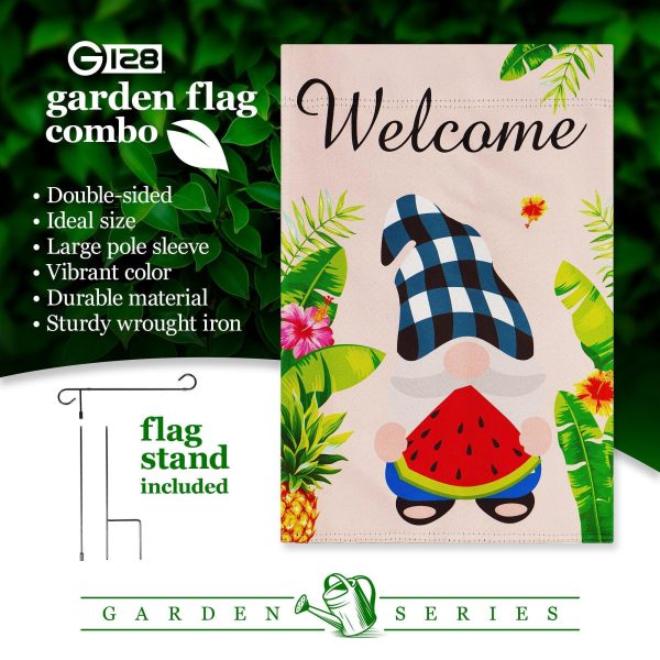 G128 Combo Pack: Garden Flag Stand Black 36 in x 16 in & Garden Flag Summer Decoration Welcome Gnome with Watermelon Slice 12"x18" Double-Sided Blockout Fabric - Image 7