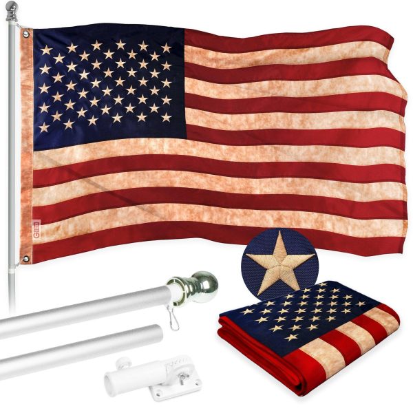 G128 Combo Pack: 5 Ft Tangle Free Aluminum Spinning Flagpole (Silver) & USA Tea-Stained Flag 2x3 Ft, ToughWeave Pro Series Embroidered 420D Polyester | Pole with Flag Included