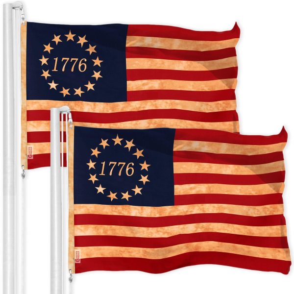 G128 2 Pack: Betsy Ross 1776 Tea-Stained Flag | 3x5 Ft | LiteWeave Pro Series Printed 300D Polyester | Historical Flag, Vibrant Colors, Brass Grommets, Thicker and More Durable Than 100D 75D Polyester