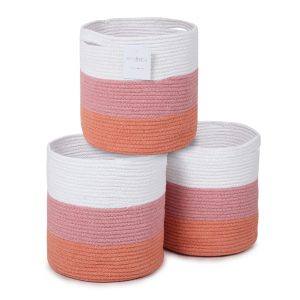 Recycled Cotton Rope Storage Cube Basket Plant Basket Multi Purpose Woven Cube Storage Organizer Shelves Closet Storage Bins Nursery Kids Room Organizer 11 Inch Set of 3  White & Pink