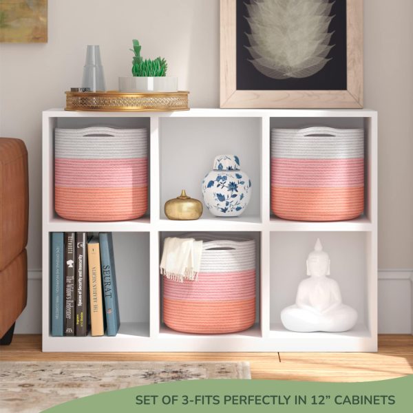 Recycled Cotton Rope Storage Cube Basket Plant Basket Multi Purpose Woven Cube Storage Organizer Shelves Closet Storage Bins Nursery Kids Room Organizer 11 Inch Set of 3  White & Pink - Image 2