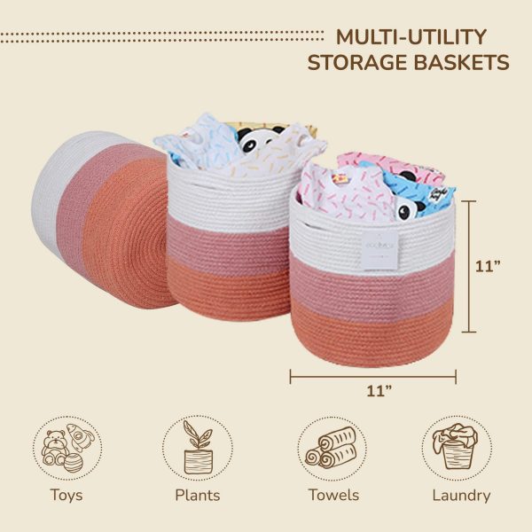 Recycled Cotton Rope Storage Cube Basket Plant Basket Multi Purpose Woven Cube Storage Organizer Shelves Closet Storage Bins Nursery Kids Room Organizer 11 Inch Set of 3  White & Pink - Image 3