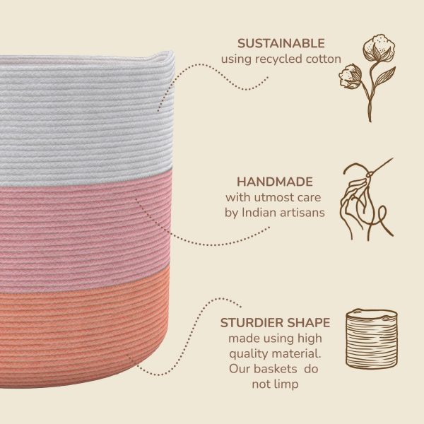 Recycled Cotton Rope Storage Cube Basket Plant Basket Multi Purpose Woven Cube Storage Organizer Shelves Closet Storage Bins Nursery Kids Room Organizer 11 Inch Set of 3  White & Pink - Image 4