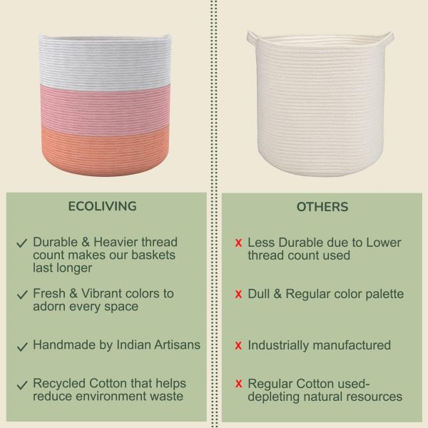 Recycled Cotton Rope Storage Cube Basket Plant Basket Multi Purpose Woven Cube Storage Organizer Shelves Closet Storage Bins Nursery Kids Room Organizer 11 Inch Set of 3  White & Pink - Image 6