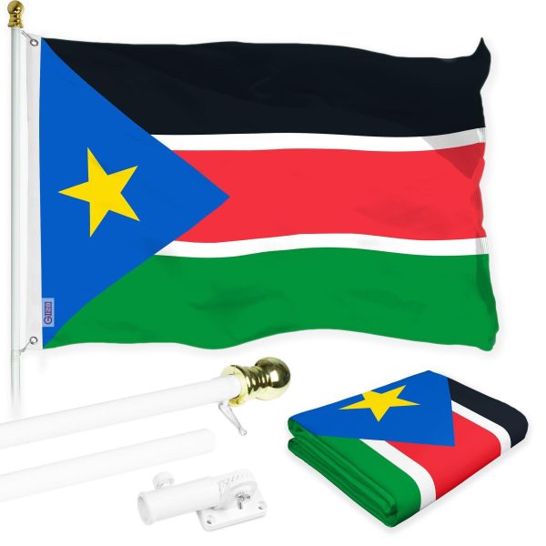 G128 Combo Pack: 6 Ft Tangle Free Aluminum Spinning Flagpole (White) & South Sudan South Sudanese Flag 3x5 Ft, LiteWeave Pro Series Printed 150D Polyester | Pole with Flag Included