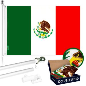 G128 Combo Pack: 5 Ft Tangle Free Aluminum Spinning Flagpole (Silver) & Mexico Mexican Flag 2.5x4 Ft, Double ToughWeave Series Double Sided Embroidered 210D Polyester | Pole with Flag Included