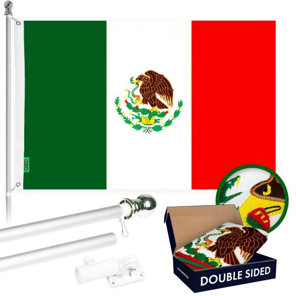 G128 Combo Pack: 5 Ft Tangle Free Aluminum Spinning Flagpole (Silver) & Mexico Mexican Flag 2.5x4 Ft, Double ToughWeave Series Double Sided Embroidered 210D Polyester | Pole with Flag Included
