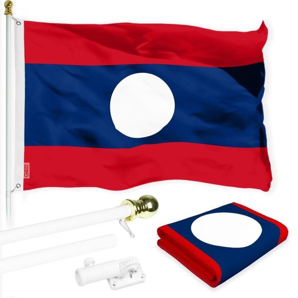 G128 Combo Pack: 6 Ft Tangle Free Spinning Flagpole (White) & Laos Flag 3x5 Ft Printed 150D Polyester, Brass Grommets (Flag Included) Aluminum Flag Pole