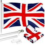 G128 Combo Pack: 6 Ft Tangle Free Aluminum Spinning Flagpole (Silver) & United Kingdom UK Flag 3x5 Ft, ToughWeave Series Embroidered 300D Polyester | Pole with Flag Included