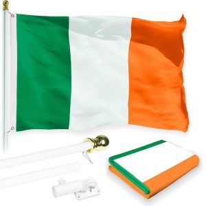 G128 Combo Pack: 6 Feet Tangle Free Spinning Flagpole (White) Ireland Irish Flag 3x5 ft Printed 150D Brass Grommets (Flag Included) Aluminum Flag Pole
