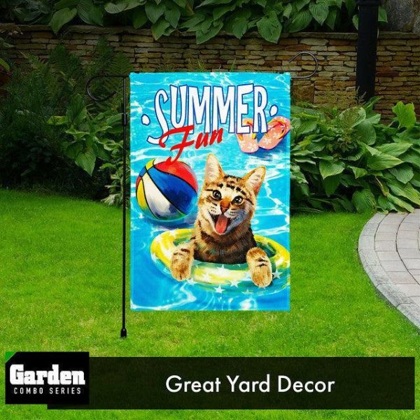 G128 Combo Pack: Garden Flag Stand Black 36x16 Inch & Garden Flag Summer Fun with Cat in Pool 12x18 Inch - Image 9