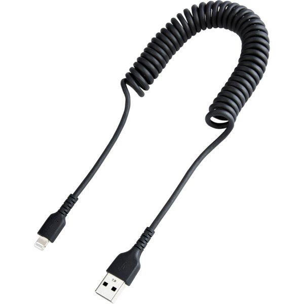StarTech.com 1m (3ft) USB to Lightning Cable, MFi Certified, Coiled iPhone Charger Cable, Black, Durable TPE Jacket Aramid Fiber - Image 2