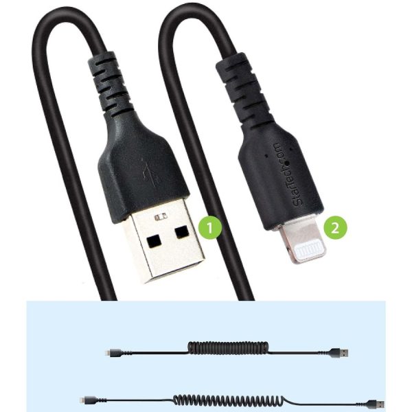 StarTech.com 1m (3ft) USB to Lightning Cable, MFi Certified, Coiled iPhone Charger Cable, Black, Durable TPE Jacket Aramid Fiber - Image 8