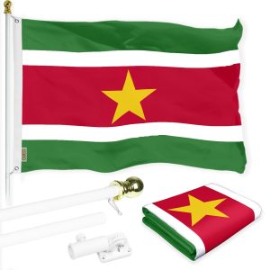 G128 Combo Pack: 6 Ft Tangle Free Aluminum Spinning Flagpole (White) & Suriname Surinamese Flag 3x5 Ft, LiteWeave Pro Series Printed 150D Polyester | Pole with Flag Included