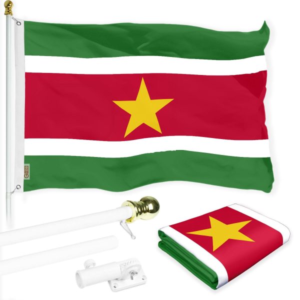 G128 Combo Pack: 6 Ft Tangle Free Aluminum Spinning Flagpole (White) & Suriname Surinamese Flag 3x5 Ft, LiteWeave Pro Series Printed 150D Polyester | Pole with Flag Included