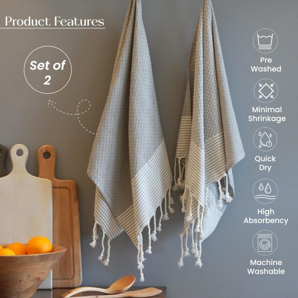 The Fine Living Co. Turkish Hand Towels   Set of 2 | 100% Cotton   Kitchen and Bathroom Hand Towels | Decorative Hand Towels for Bath Guest Face Hair Tea Dishcloth | 40”x18” (Gray) - Image 2