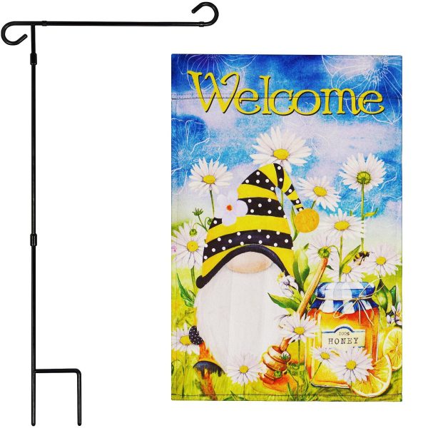 G128 Combo Pack: Garden Flag Stand Black 36 in x 16 in & Garden Flag Spring Decoration Welcome Bee Gnome with Honey 12"x18" Double-Sided Blockout Fabric