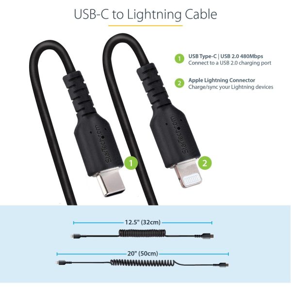 StarTech.com 50cm / 20in USB C to Lightning Cable, MFi Certified, Coiled iPhone Charger Cable, Black, TPE Jacket Aramid Fiber - Image 4