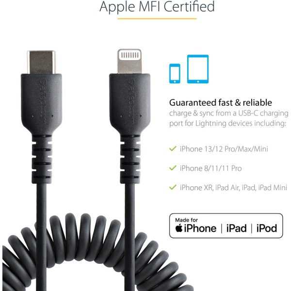 StarTech.com 50cm / 20in USB C to Lightning Cable, MFi Certified, Coiled iPhone Charger Cable, Black, TPE Jacket Aramid Fiber - Image 6