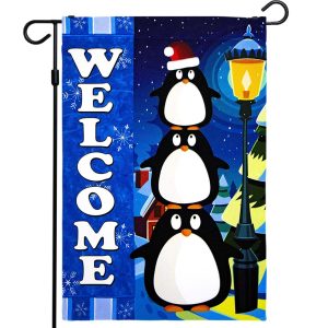 G128 - Christmas Garden Flag, Christmas and Winter Themed Decorations - Welcome Three Cute Penguins, | 12x18 Inch | Printed 150D Polyester - Rustic Holiday Seasonal Outdoor Flag
