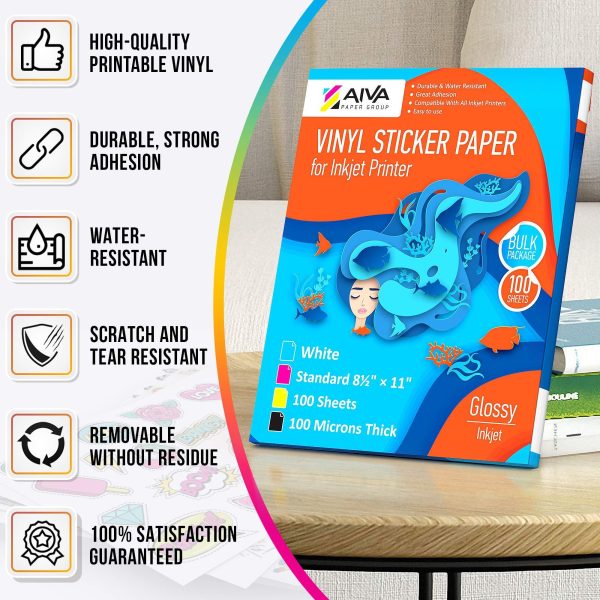 Printable Vinyl Sticker Paper  Waterproof Decal Paper for Inkjet Printer  100 SelfAdhesive Sheets  Glossy White  Standard Letter Size 8.5x11 - Image 2