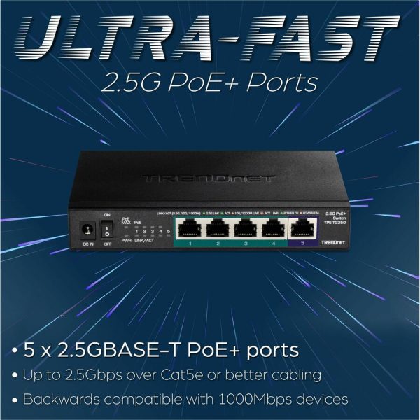 TRENDnet 5-Port Unmanaged 2.5G PoE+ Switch, Fanless, Compact Desktop Design, Metal Housing, 2.5GBASE-T Ports, IEEE 802.3bz, 55W PoE Budget, Life protection, Black, TPE-TG350 - Image 3