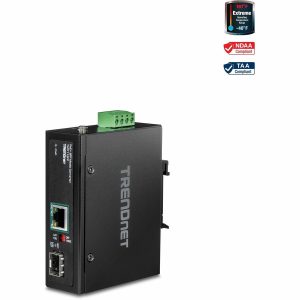 TRENDnet Industrial SFP to Gigabit PoE+ Media Converter, IP30 Rated Housing, Operating temperature range -40°- 75 °C to (-40° - 167 °F), TI-PF11SFP, Black