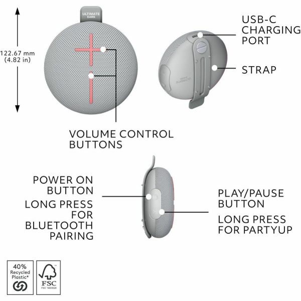 ULTIMATE EARS MINIROLL Ultra-Portable Waterproof Bluetooth Speaker, Big Bass, IP67 Dustproof, 131 ft (40 m) Range - Revive Grey - Image 7