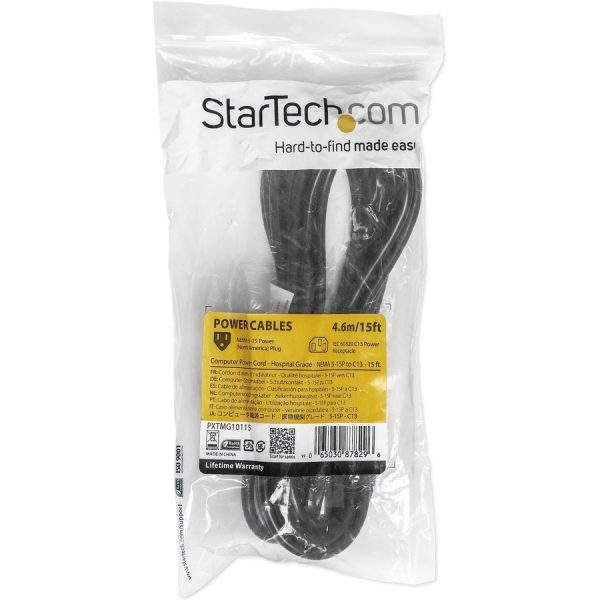 StarTech.com 15ft (4.5m) Hospital Grade Power Cord, 18AWG, NEMA 5-15P to C13, 10A 125V, Green Dot Medical Power Cable, Monitor Power Cable - Image 2