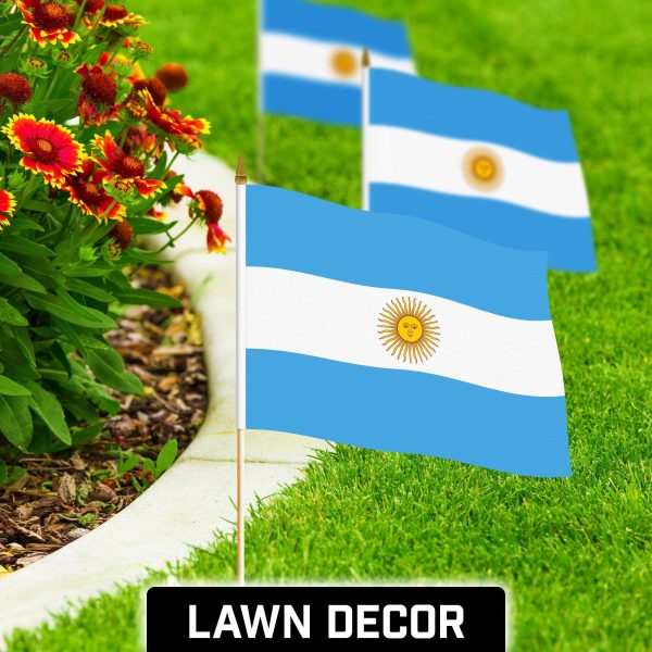 G128 24 Pack Handheld Argentina Argentinian Stick Flags | 12x18 In | Printed 150D Polyester, Country Flag, Solid Wooden Stick, Spear Gold Tip - Image 3