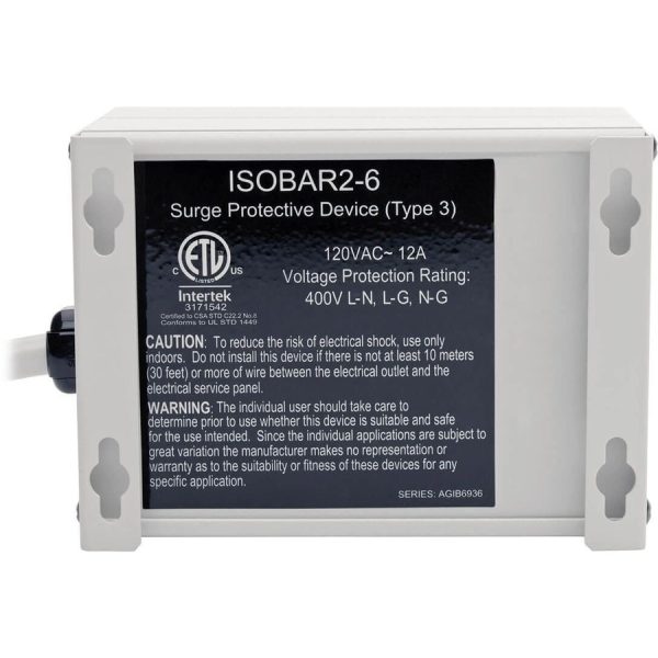 Eaton Tripp Lite Series Isobar 2-Outlet Surge Protector, 6 ft. Cord with Right-Angle Plug, 1410 Joules, Metal Housing - Image 2