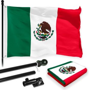 G128 Combo Pack: 5 Ft Tangle Free Aluminum Spinning Flagpole (Black) & Mexico Mexican Flag 2x3 Ft, LiteWeave Pro Series Printed 150D Polyester | Pole with Flag Included