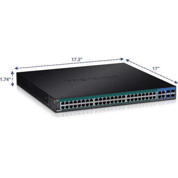 TRENDnet 52-Port Web Smart PoE+ Switch; 48 x Gigabit PoE+ Ports; 4 x Shared Gigabit Ports (RJ-45 or SFP); VLAN; QoS; LACP; IPv6 Support; 740W PoE Power Budget; Lifetime Protection; TPE-5048WS - Image 3