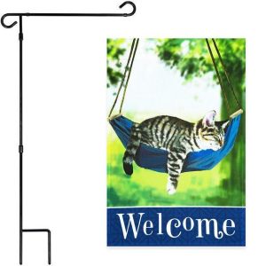 G128 Combo Pack: Garden Flag Stand Black 36x16 Inch & Garden Flag Welcome Sleeping Kitten 12x18 Inch