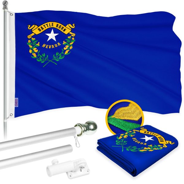 G128 Combo Pack: 6 Ft Tangle Free Aluminum Spinning Flagpole (Silver) & Nevada NV State Flag 3x5 Ft, ToughWeave Series Embroidered 300D Polyester | Pole with Flag Included