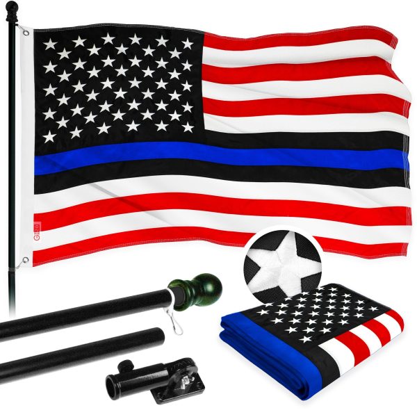 G128 - 5 Feet Tangle Free Spinning Flagpole (Black) Blue Lives Matter Flag Brass Grommets Embroidered 2x3 ft (Flag Included) Aluminum Flag Pole