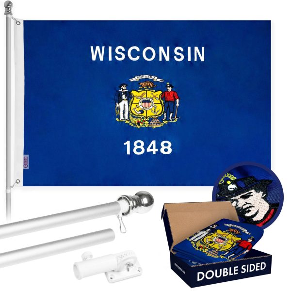 G128 - 6 Feet Tangle Free Spinning Flagpole (Silver) Wisconsin Double Sided Brass Grommets Embroidered 3x5 ft (Flag Included) Aluminum Flag Pole