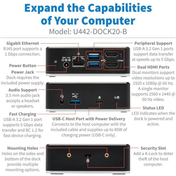 Eaton Tripp Lite Series USB-C Dock, Dual Display - Dual HDMI, USB 3.x (5Gbps) Hub, GbE, 3.5 mm, 85W PD Charging - Image 4