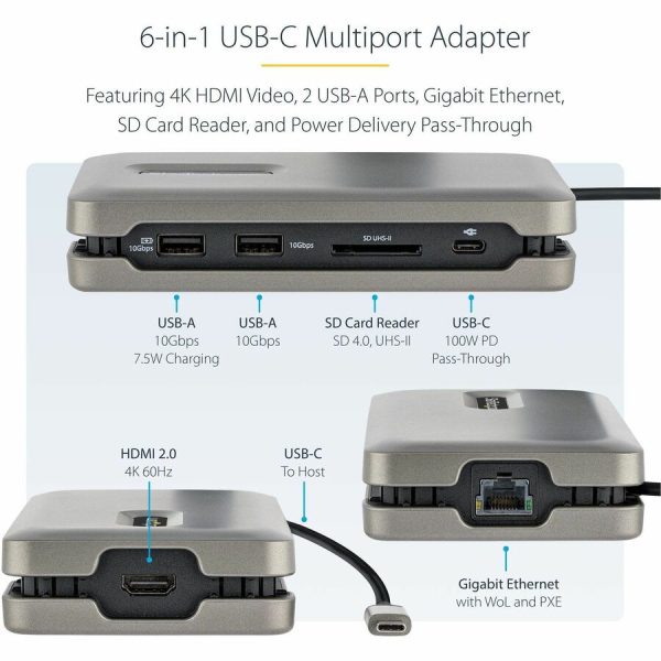 StarTech.com USB C Multiport Adapter, USB C to 4K 60Hz HDMI 2.0, 2-Port 10Gbps USB Hub, 100W Power Delivery Pass-through, GbE, SD/MicroSD - Image 3
