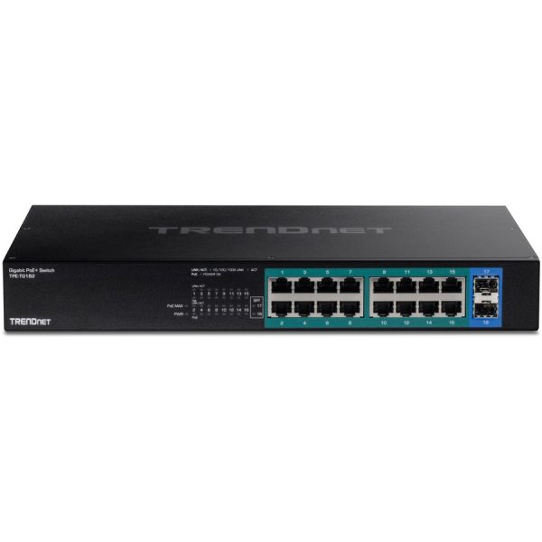 TRENDnet 18-Port Gigabit PoE+ Switch, 16 x 30W PoE+ Ports, 2 Gigabit SFP Slots, 240W PoE Budget, 36Gbps Switching Capacity, 1U 19" Rack Mountable, Lifetime Protection, Black, TPE-TG182 - Image 4