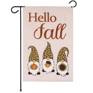 G128 Garden Flag Hello Fall Three Gnomes with Pumpkin Acorn Sunflower 12"x18" Burlap Fabric