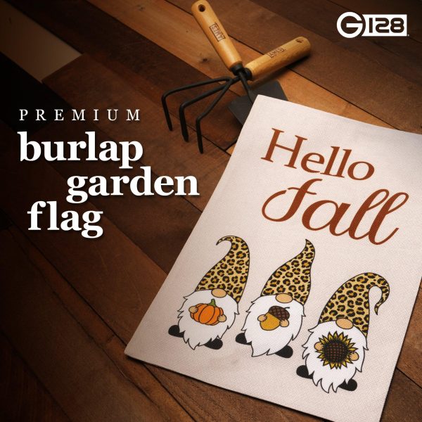 G128 Garden Flag Hello Fall Three Gnomes with Pumpkin Acorn Sunflower 12"x18" Burlap Fabric - Image 2