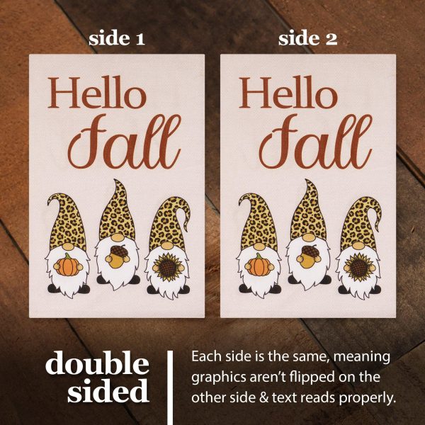 G128 Garden Flag Hello Fall Three Gnomes with Pumpkin Acorn Sunflower 12"x18" Burlap Fabric - Image 3