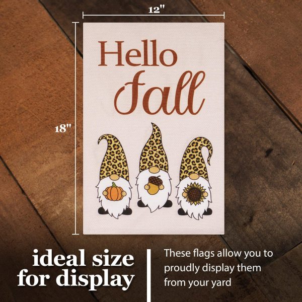 G128 Garden Flag Hello Fall Three Gnomes with Pumpkin Acorn Sunflower 12"x18" Burlap Fabric - Image 4